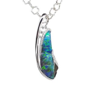 18k White Gold Solid Boulder Opal And Diamond Pendant