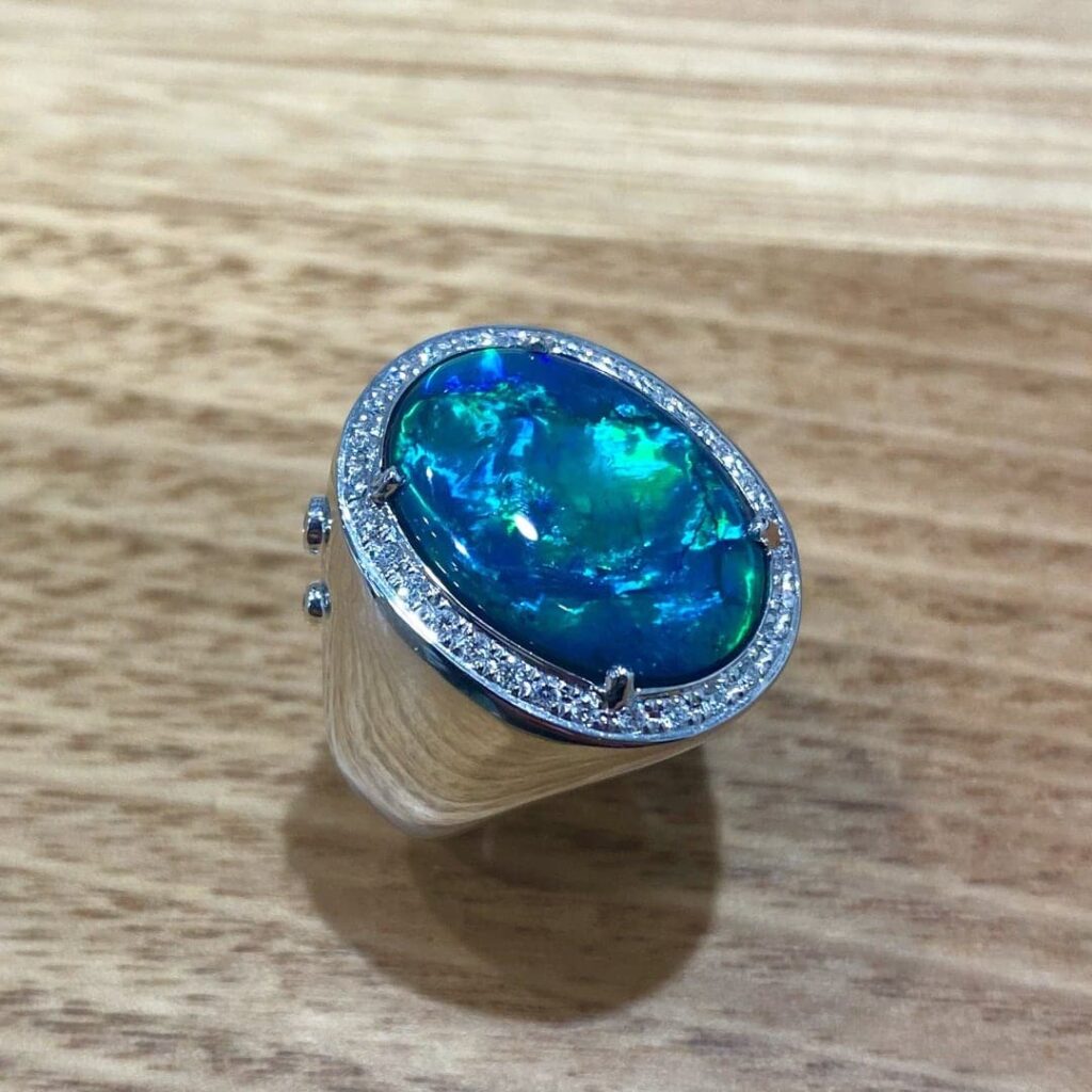 Lightning Ridge Solid Black Opal & Diamond Ring Set In 18k Gold