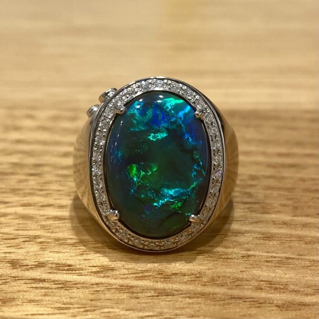 Lightning Ridge Solid Black Opal & Diamond Ring Set In 18k Gold