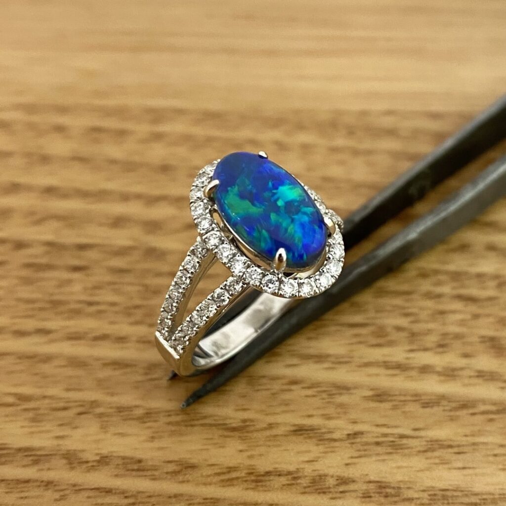 Solid Black Opal & Diamond Ring Set In 18k Gold