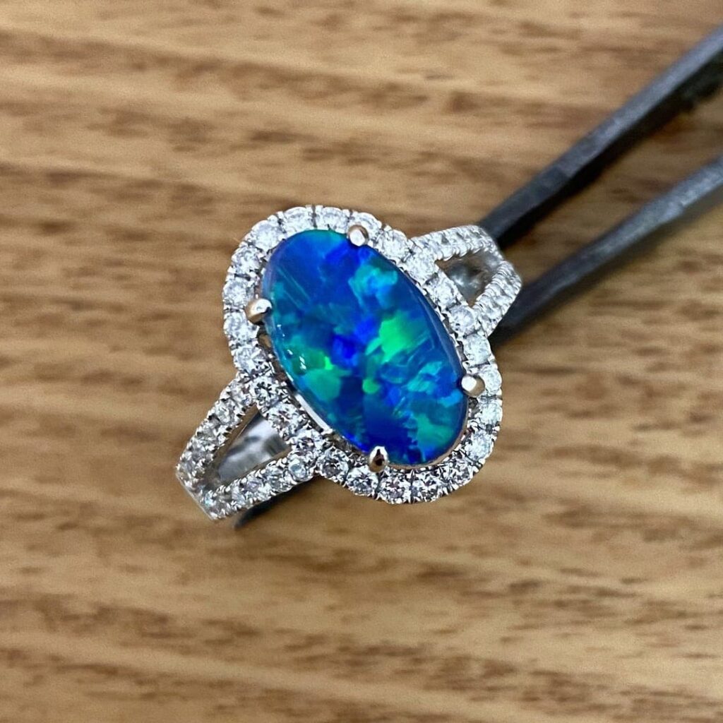 Solid Black Opal & Diamond Ring Set In 18k Gold