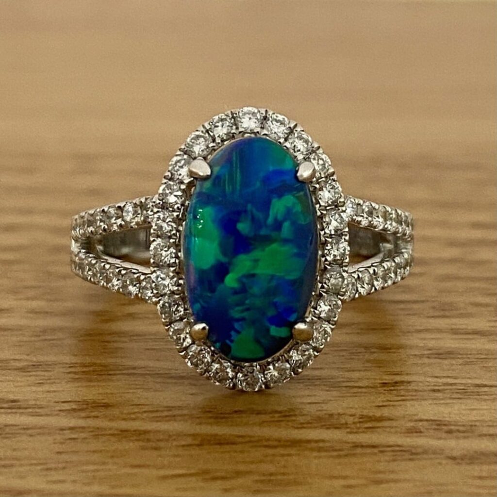 Solid Black Opal & Diamond Ring Set In 18k Gold