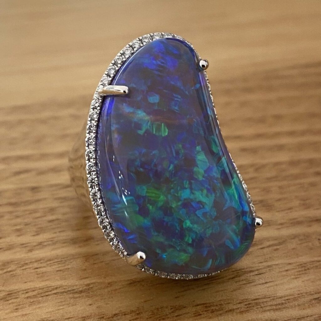 Solid Lightning Ridge Black Opal & Diamond Ring