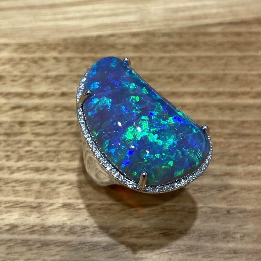 Solid Lightning Ridge Black Opal & Diamond Ring