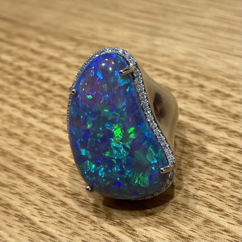 Solid Lightning Ridge Black Opal & Diamond Ring