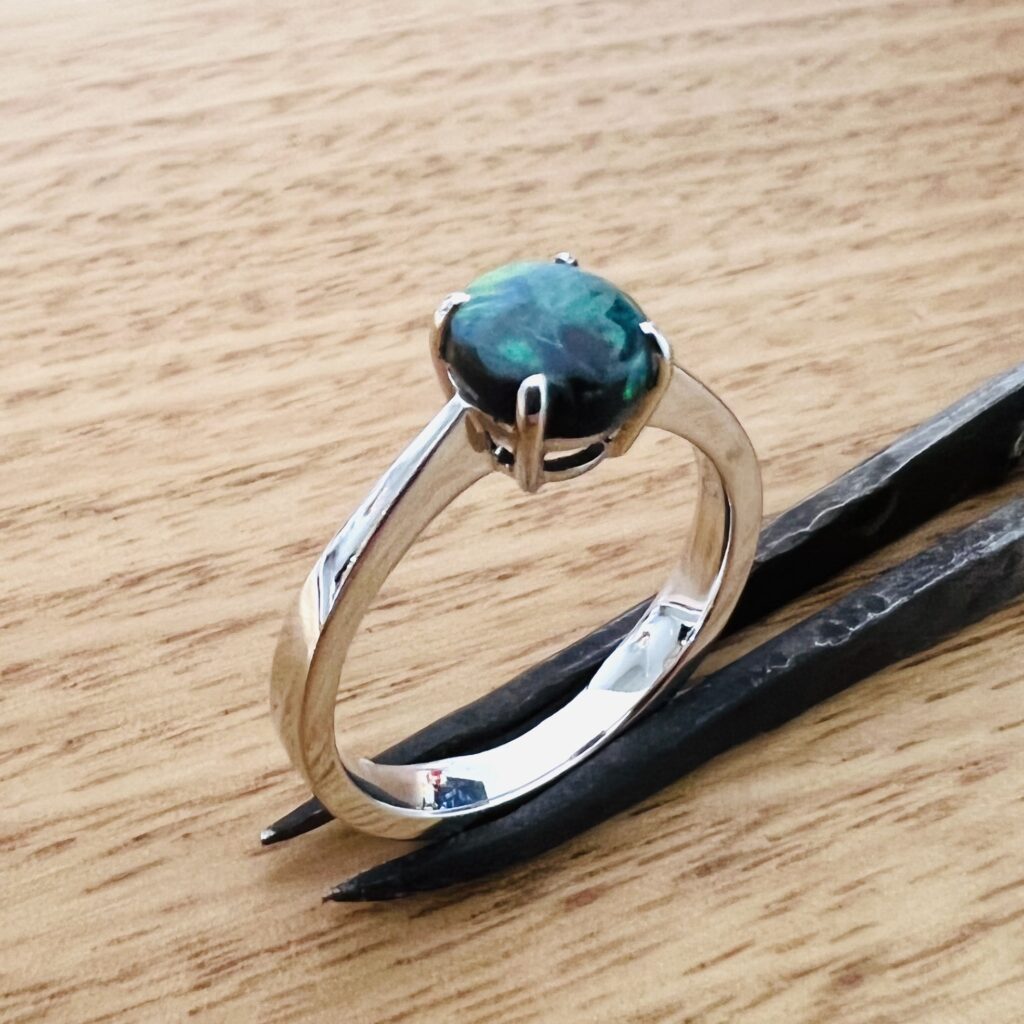 18K White Gold Solid Black Opal Ring