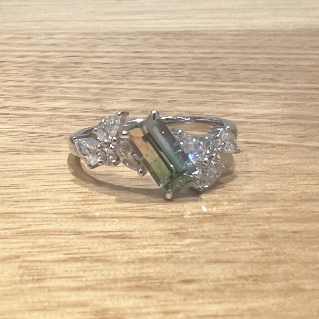 18K White Gold Watermelon Tourmaline & Diamond Ring 13911