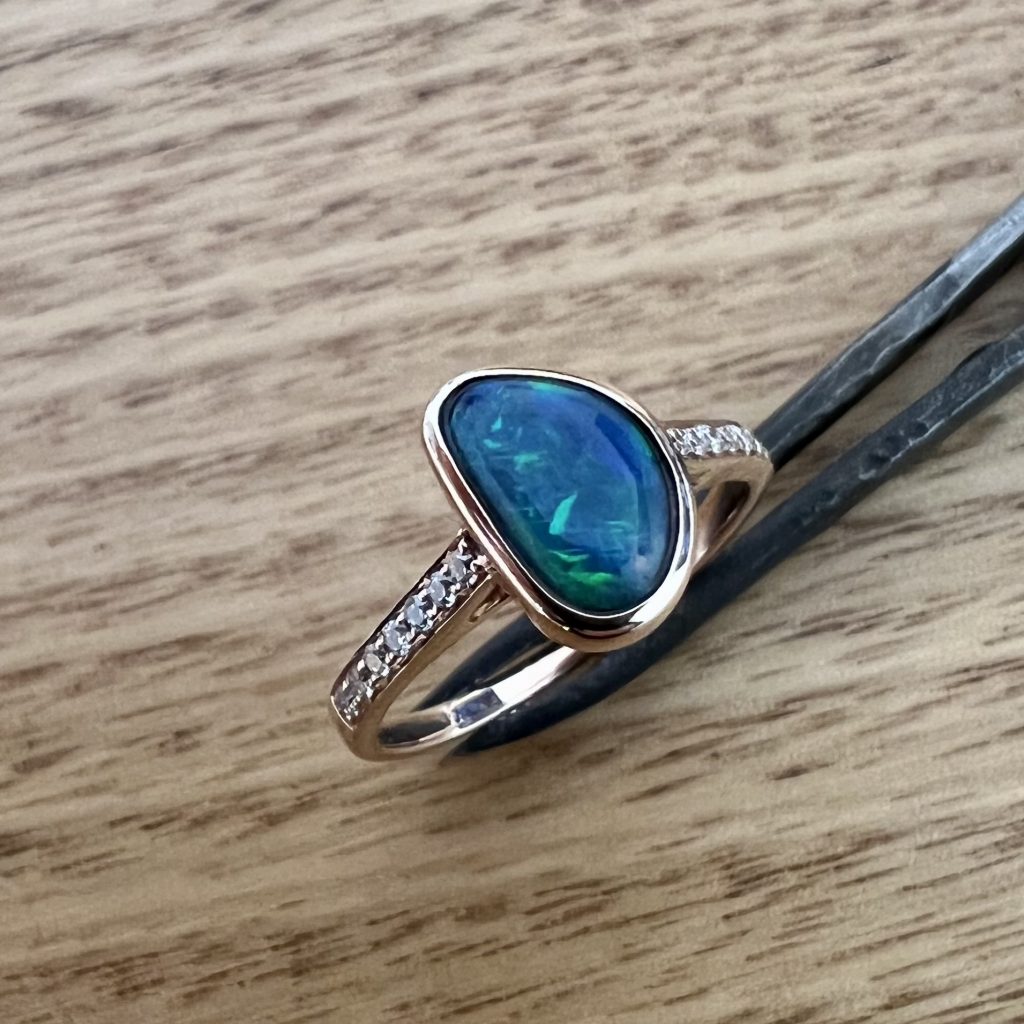 9K Rose Gold Solid Black Opal & Diamond Ring 675955