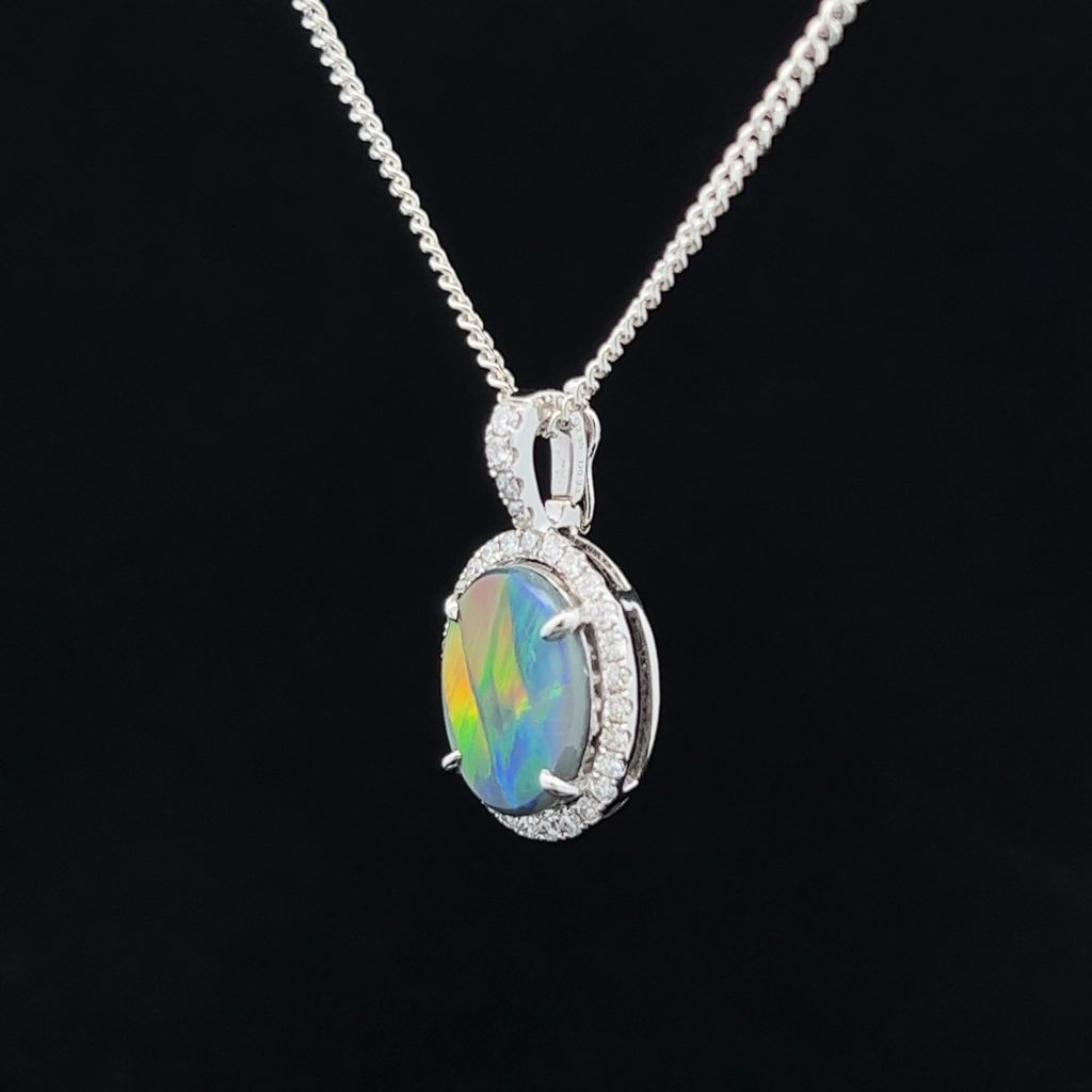 18K White Gold Solid Black Opal & Diamond Enhancer Pendant 13731