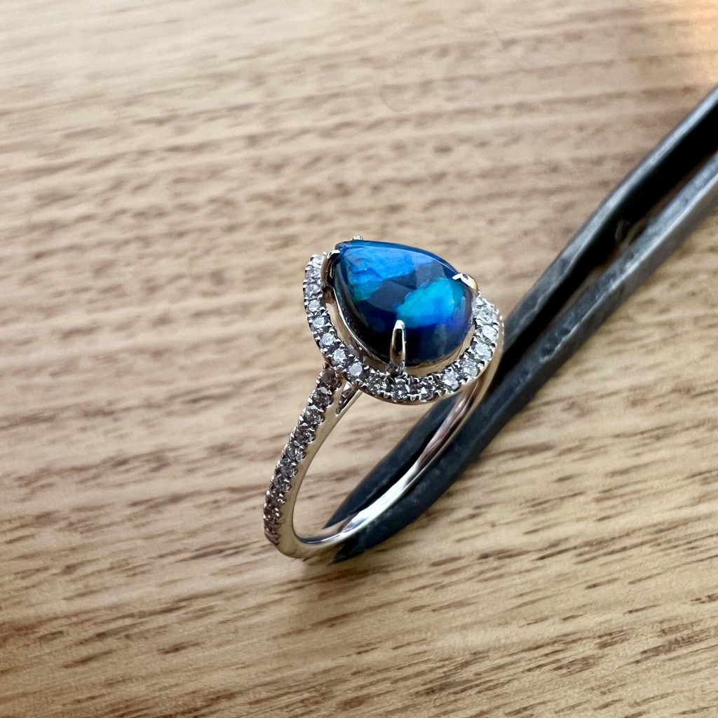 18K White Gold Solid Black Opal 7 Diamond Engagement Ring 24788