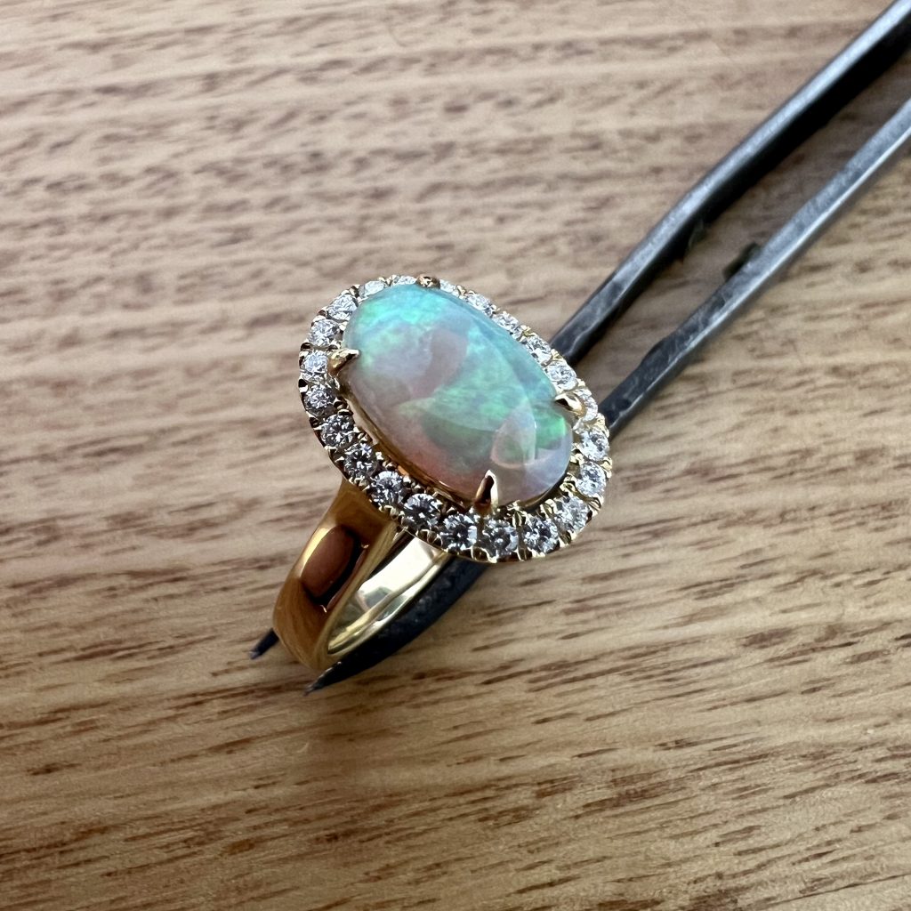 18K Yellow Gold Solid Crystal Opal & Diamond Halo Engagement Ring