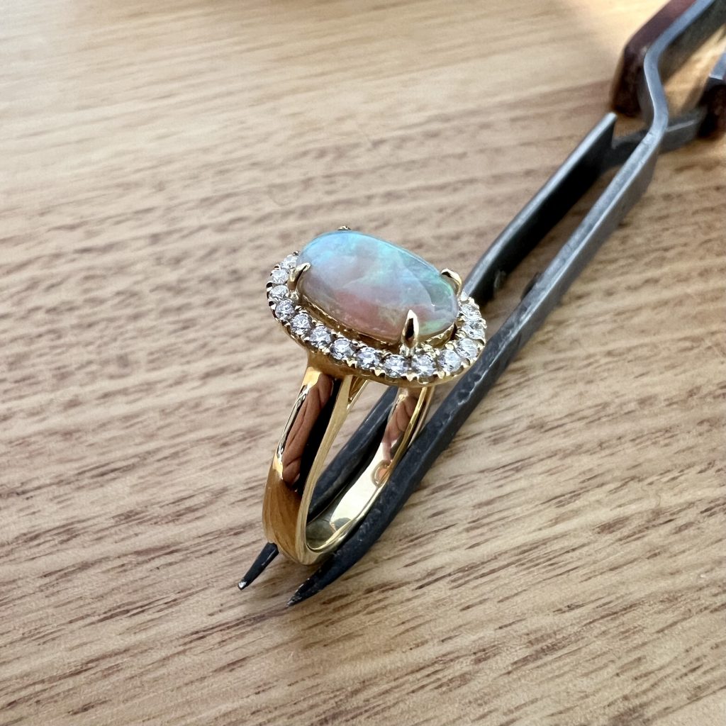 18K Yellow Gold Solid Crystal Opal & Diamond Halo Engagement Ring