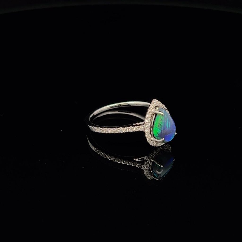 18K White Gold Solid Black Opal 7 Diamond Engagement Ring 24788