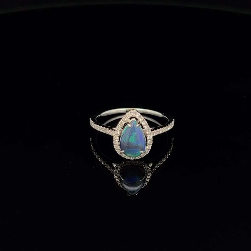 18K White Gold Solid Black Opal 7 Diamond Engagement Ring 24788