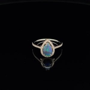 18K White Gold Solid Black Opal 7 Diamond Engagement Ring 24788
