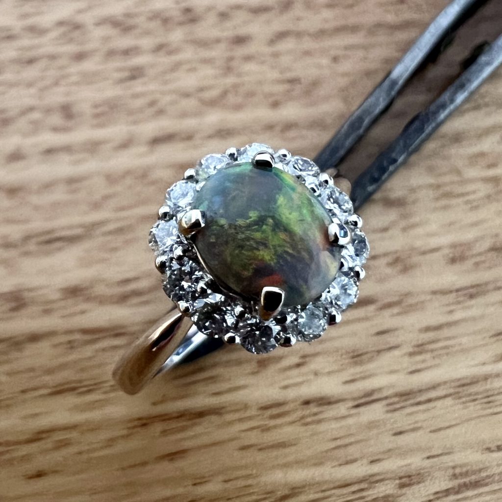 18K White Gold Solid Semi-Black Opal & Diamond Halo Ring