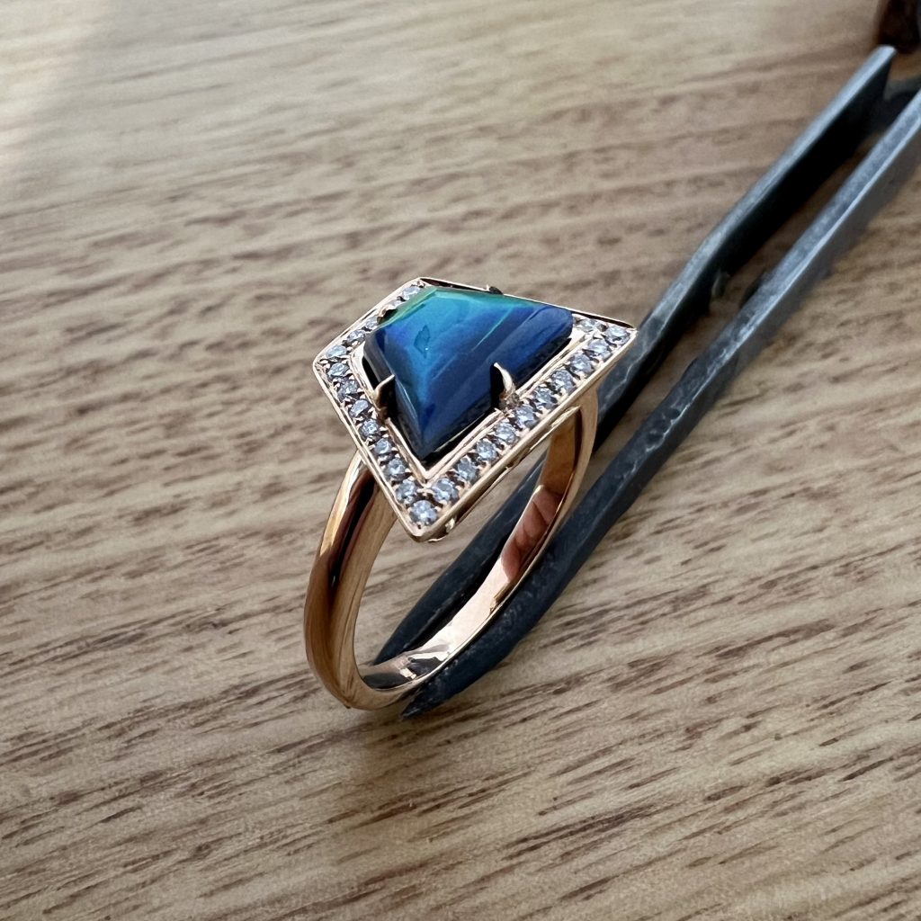 18K Rose Gold Solid Black Opal & Diamond Ring