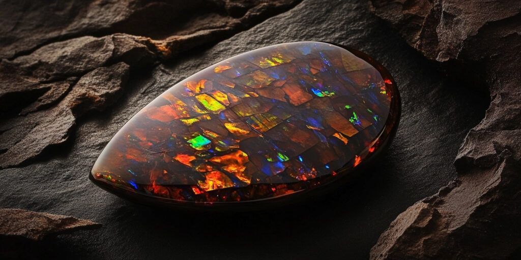 Vibrant Australian opal on rock surface from Opal Diamond Factory