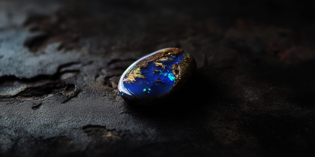 Vibrant opal gemstone on textured surface, offered at Opal Diamond Factory