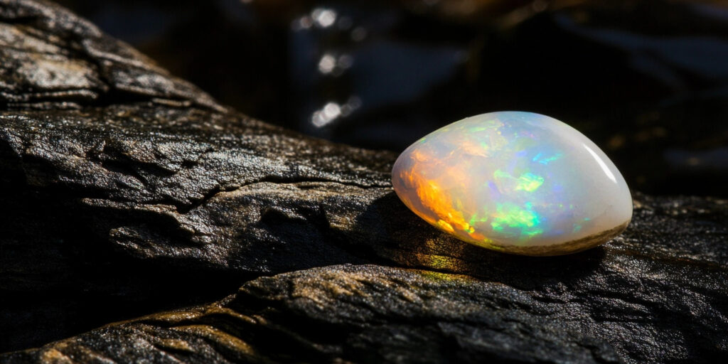Vibrant opal gemstone from Opal Diamond Factory on dark stone surface
